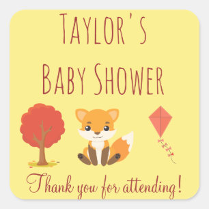Sticker Carré Merci de Baby shower de renard de bois