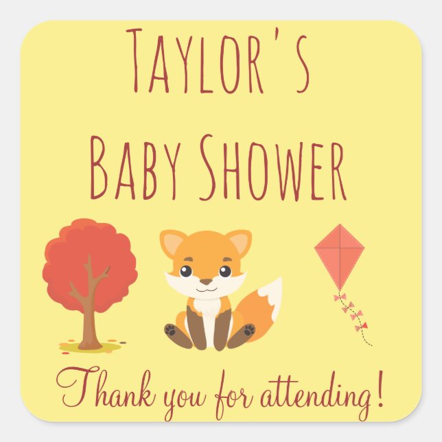 Sticker Carré Merci de Baby shower de renard de bois (Devant)