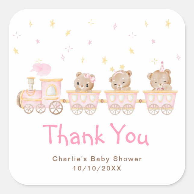 Sticker Carré Merci de Baby shower de train rose ours (Devant)