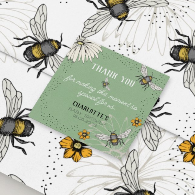 Sticker Carré Merci de Baby shower des abeilles vertes Sage (Elegant hand-drawn happily buzzing bees "Thank You" sticker for adorning just about everything! :)))