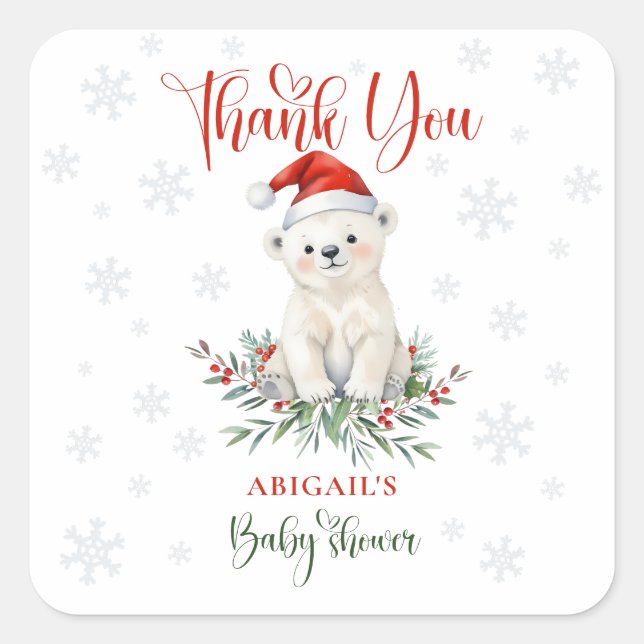 Sticker Carré Merci de Baby shower d'ours polaire de Noël (Devant)