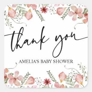 Sticker Carré Merci de Baby shower Fleur sauvage rose Peach
