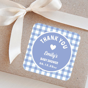 Sticker Carré Merci de Baby shower moderne simple bleu En vichy
