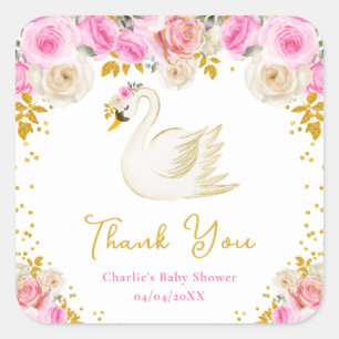 Sticker Carré Merci de Baby shower Rose de Swan Pink