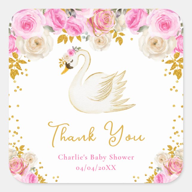 Sticker Carré Merci de Baby shower Rose de Swan Pink (Devant)