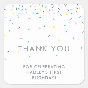 Sticker Carré Merci de fête d'anniversaire avec des arrosages co