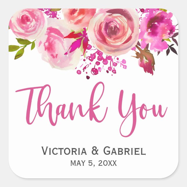 Sticker Carré Merci de Mariage végétal rose (Devant)