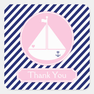 Sticker Carré Merci de voilier bleu et rose