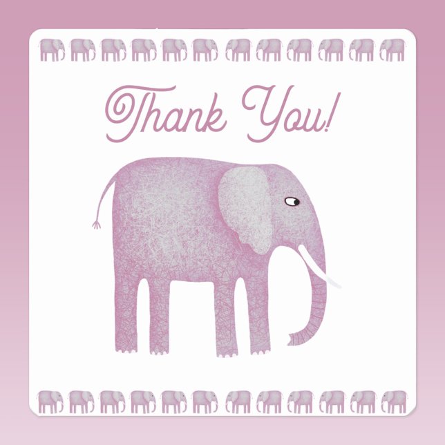 Sticker Carré Merci d'éléphant rose (Pink elephant watercolor thank you sticker)