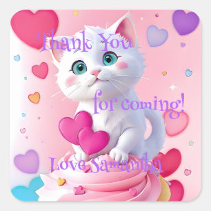 Sticker Carré Merci d'être venu Mignonne Kitty et Cupcake Rose