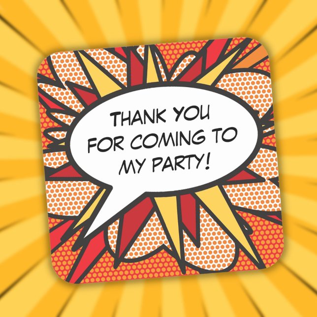 Sticker Carré MERCI Discours Bubble Amusants Retro Comédie livre (THANK YOU Speech Bubble Fun Retro Comic Book Square Sticker)