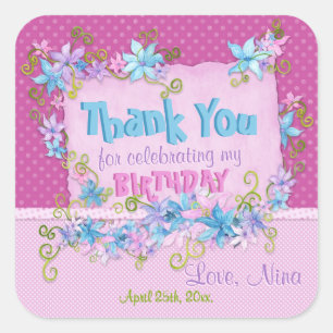 Sticker Carré Merci fête d'anniversaire Floral rose Pois