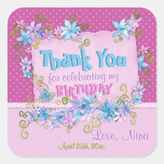 Sticker Carré Merci fête d'anniversaire Floral rose Pois