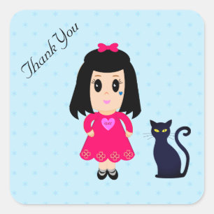 Sticker Carré Merci fille et chat avec étoiles sur bleu clair