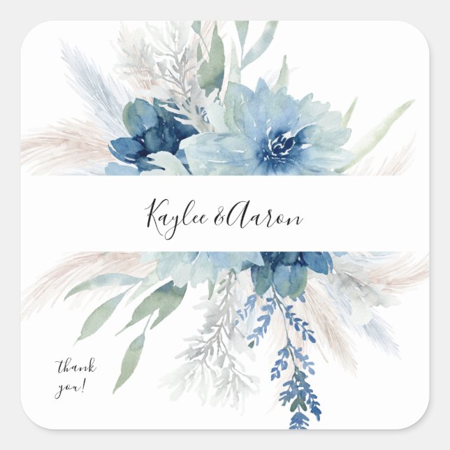 Sticker Carré Merci floral Dusty Blue Boho (Devant)