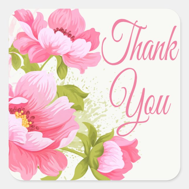 Sticker Carré Merci Floral Pink Peonies Mariage de fleurs (Devant)
