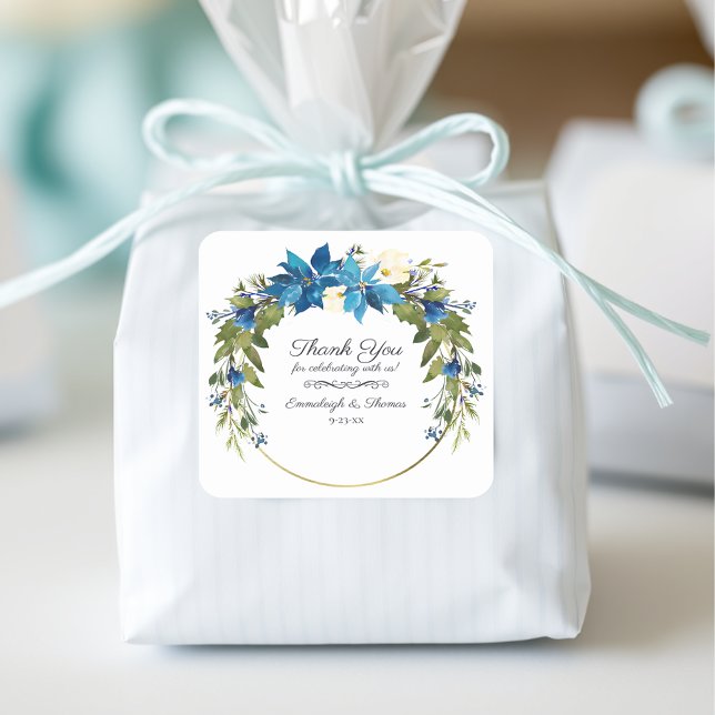 Sticker Carré Merci floral Poinsettia Favoriser | bleu turquoise (Créateur téléchargé)