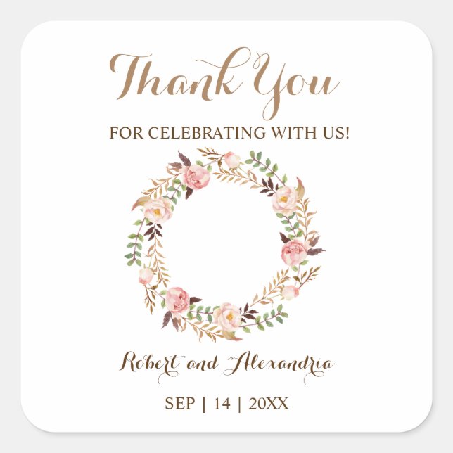 Sticker Carré Merci floral rose pour Mariage à venir (Devant)