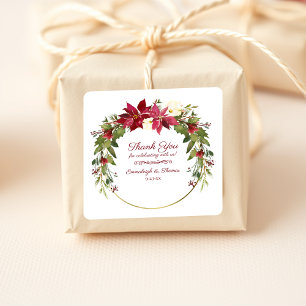 Sticker Carré Merci floral rouge écarlate Poinsettia Favoriser