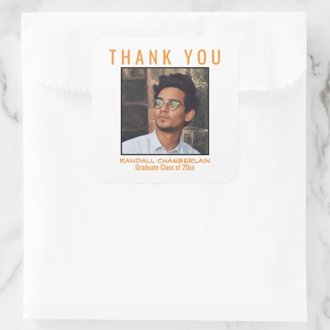 Sticker Carré Merci Graduation Orange Black Photo personnalisée (Sac)