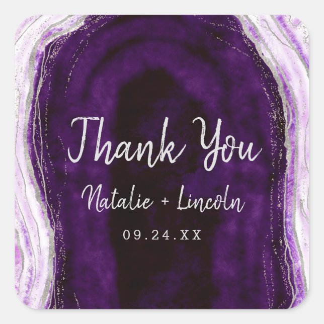 Sticker Carré Merci Mariage Amethyst Purple & Silver Geode (Devant)