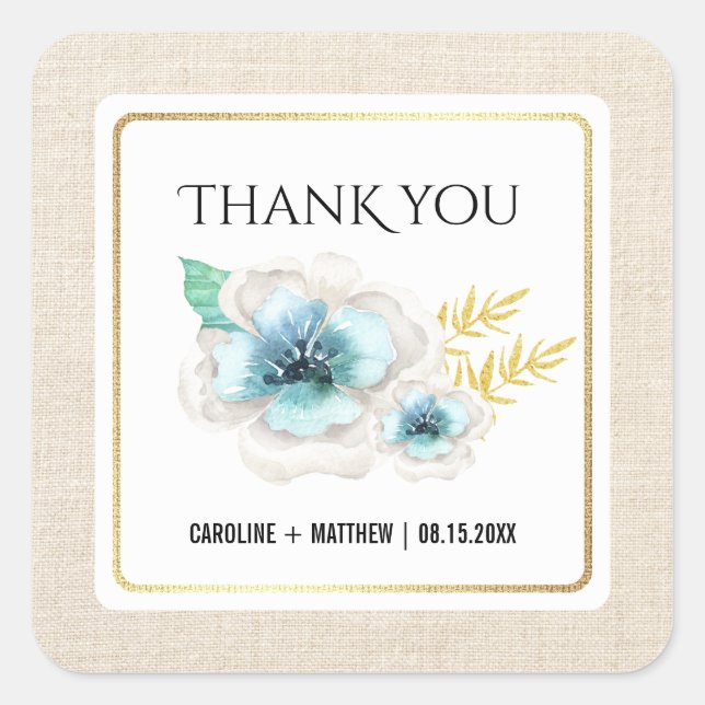 Sticker Carré Merci Mariage Aquarelle Florale Burlap (Devant)