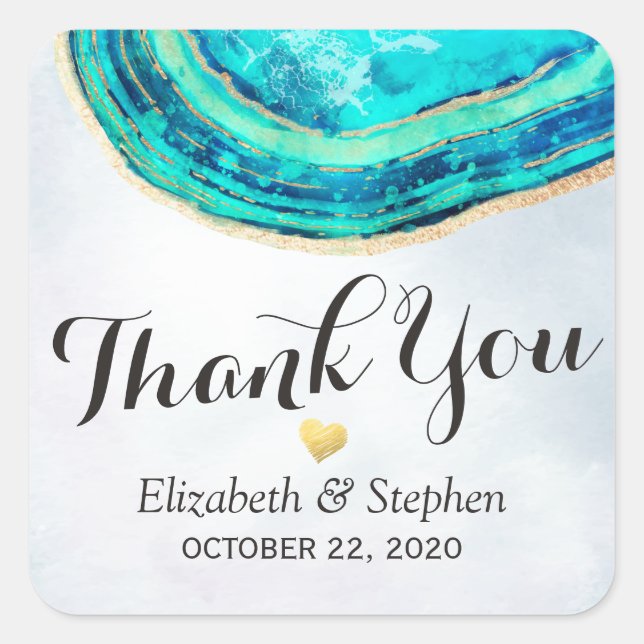Sticker Carré Merci mariage Aquarelle Turquoise Gold Agate Géode (Devant)