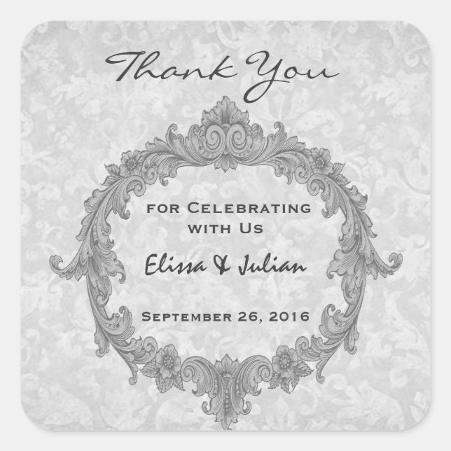 Sticker Carré Merci Mariage argent Curlicue Mariage R502 (Devant)