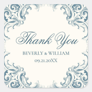 Sticker Carré Merci Mariage baroque bleu décoratif