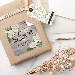 Sticker Carré Merci mariage Bois rustique Lumières à cordes flor