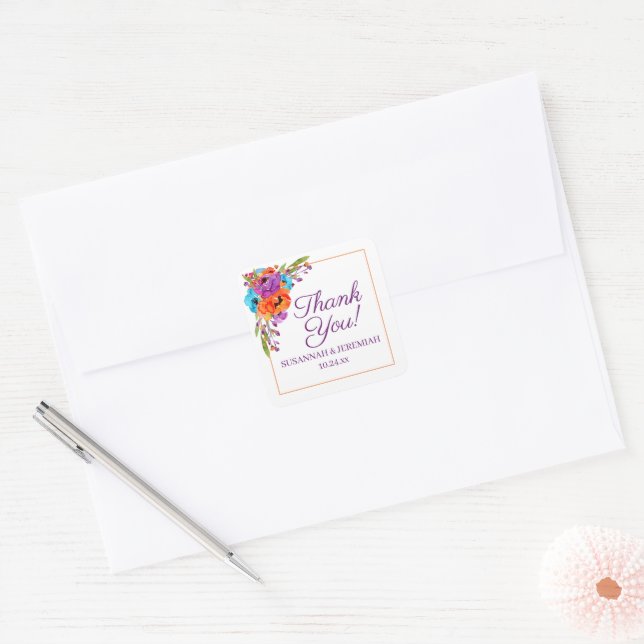 Sticker Carré Merci Mariage d'aquarelle violet orange (Enveloppe)