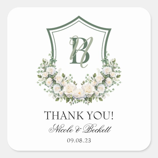 Sticker Carré Merci Mariage de crête de fleurs blanches (Devant)