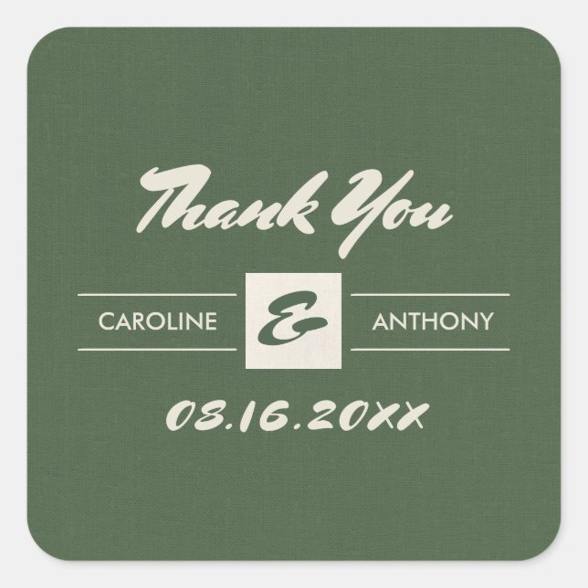Sticker Carré Merci Mariage de texture Burlap vert (Devant)