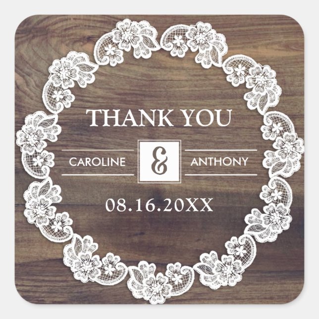 Sticker Carré Merci. Mariage en bois de dentelle blanche (Devant)