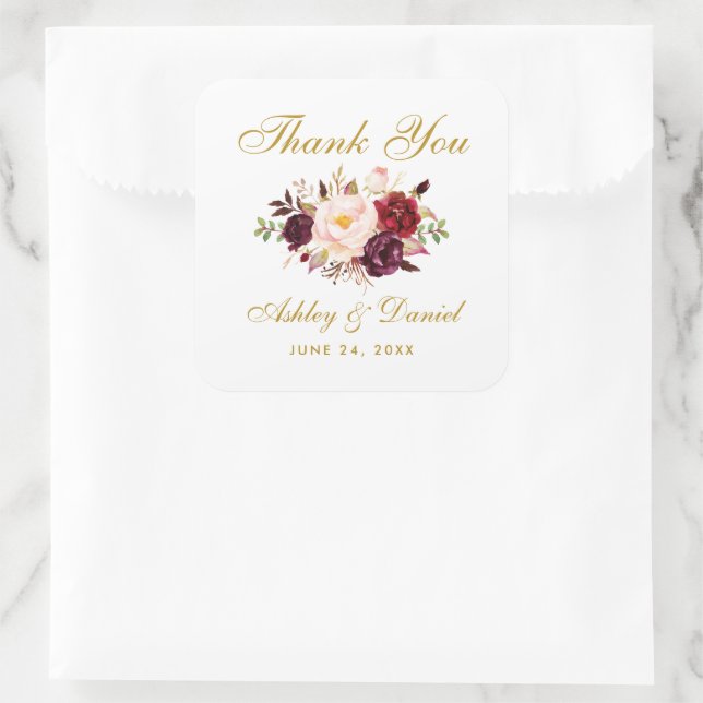 Sticker Carré Merci Mariage Floral Or Bourgogne Sq (Sac)