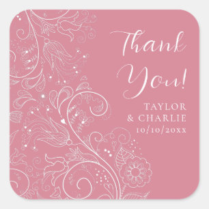 Sticker Carré Merci Mariage floral rose poussiéreux