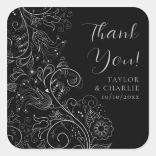 Sticker Carré Merci Mariage floral soyeux et noir