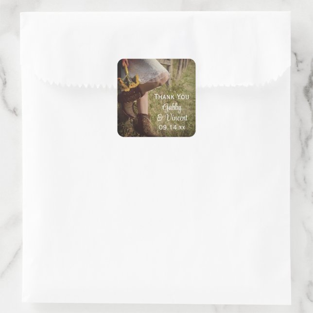 Sticker Carré Merci Mariage occidental Cowgirl et Sunflower (Sac)