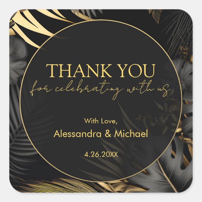 Sticker Carré Merci Mariage Tropical moderne Black Gold (Devant)