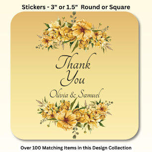 Sticker Carré Merci Mariée, Noms des Mariés Fleurs Jaune Doré