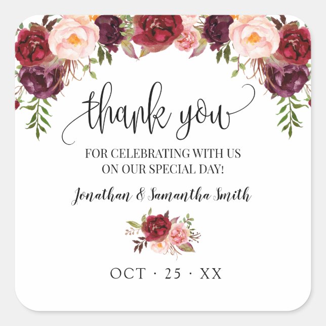 Sticker Carré Merci marsala floral boho chic mariage (Devant)