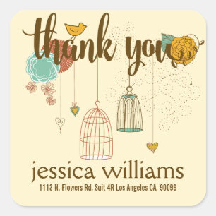Sticker Carré Merci mignon Design Mariage Oiseaux et fleurs