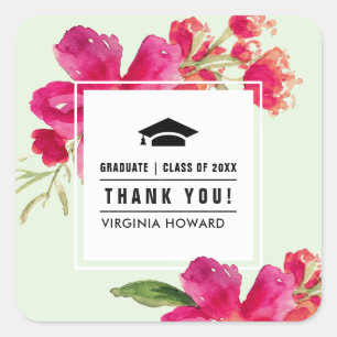 Sticker Carré Merci. Monnaie verte   Fuchsia Floral Graduation