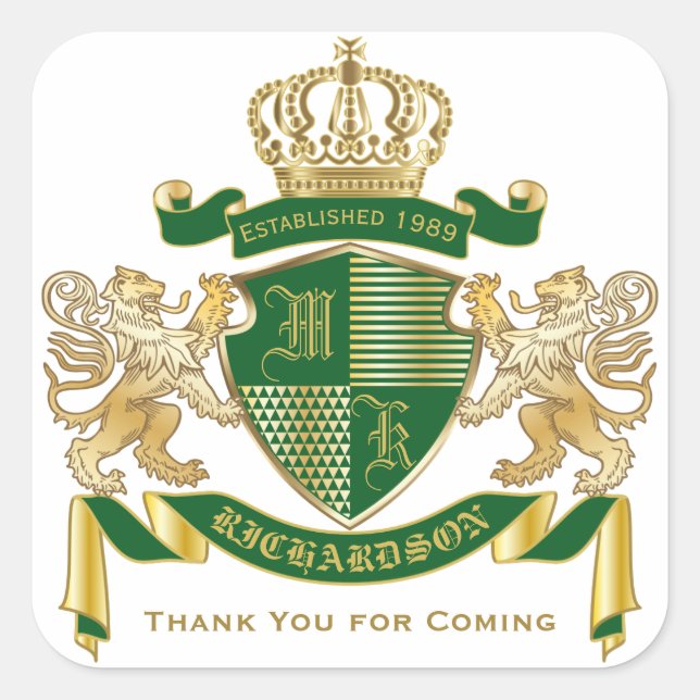 Sticker Carré Merci Monogramme Blason Vert Or Lion (Devant)