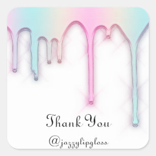 Sticker Carré Merci Nom Goutte Holographique Rose Blanc