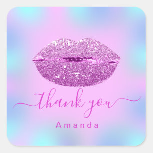 Sticker Carré Merci Nom Sweet16th Mariage Holographique Rose Fon