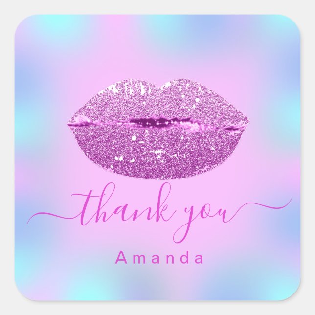 Sticker Carré Merci Nom Sweet16th Mariage Holographique Rose Kis (Devant)
