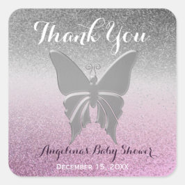 Sticker Carré Merci papillon étincelle Baby shower rose