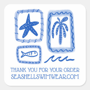 Sticker Carré MERCI POUR LA COMMANDE Cute Beach Sea PERSONNALISÉ