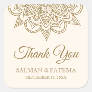 Sticker Carré Merci pour le mariage au henné crème et or Mehndi